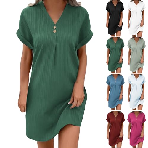 Guhmomh Sommerkleid Damen Kleider Kurzarm Strandkleid Elegant Sommerkleider Baumwolle und Leinen Tshirt Kleid Einfarbig V-Ausschnitt Shirtkleid Leicht...