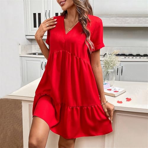 Robe de vacances rouge col en V ample et fluide pour un look décontracté chic - 3