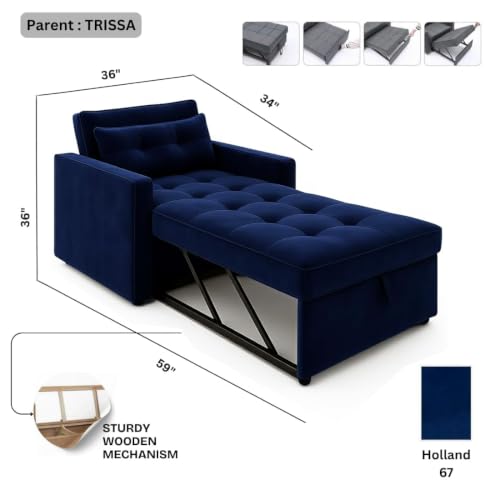 Image of FURNY Tressa 1 Seater Fabric Pull-Out Sofa Cum Bed (Dark Blue Color) - Premium Velvet Finish - Durable Comfort - Ideal for Living Room