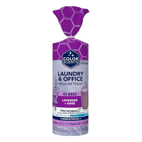 Color Scents Medium Trash Bags - 8 Gallon 45 Bags (1 Pack of 45 Bags) Twist Tie - Purple in Lavender + Sage Scent with Microban