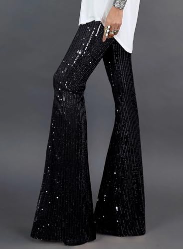 BLENCOT Women's Glitter Sequin Wide Leg Palazzo Pants High Waist Bell Bottoms Party Flared Trousers2