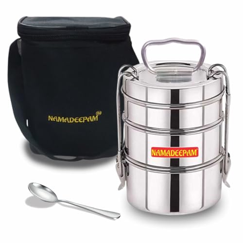 Namadeepam Stainless Steel 3 Compartment Lunch Box/Tiffin Box, Spoon with Black Bag Combo for School, College, Office and Travel | Durable, Reusable & Easy to Clean.1200ML Capacity(Each 400ML)