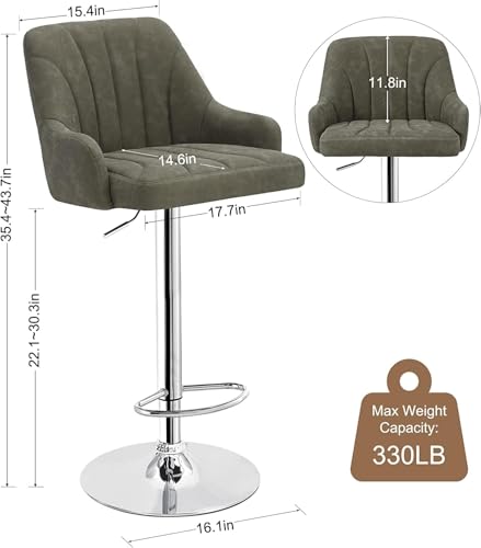 Image of VECELO Bar Stools Set of 2, Adjustable Barstools, Counter Height Stools with Back and Arm, Kitchen Island Stools, Swivel PU Leather Chairs for Pub, Dining Room, Modern Style, Dark Grey