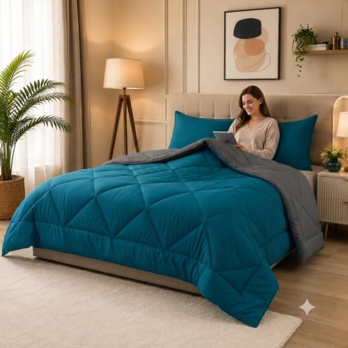 Image of 220 GSM Comforter Set Double Bed | Microfiber Reversible AC Blanket Duvet Quilt for Double Bed King Size for Winter (Teal & Grey)