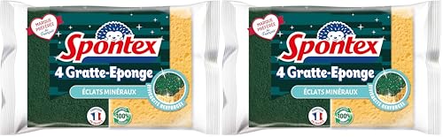 Spontex - Gratte-Eponge Eclats Minéraux - Vaisselle Grattantes Vertes avec Minéraux De Silice - 1 X 4 Éponges (Lot de 2)