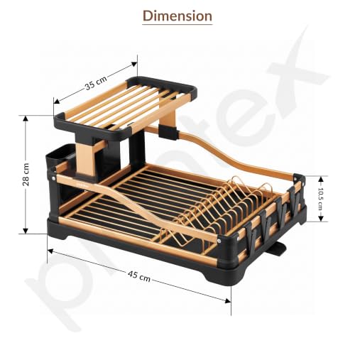Image of Plantex Fold Flat Dish Drying Rack /Aluminium 2-Tier Dish Rack with Drainboard /Vessel Drainer Basket /Plate Holder Stand /Kitchen Rack - Pack of 1 (Gold & Black)