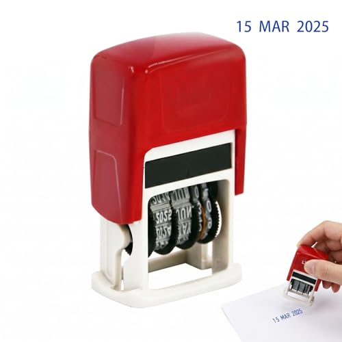 Sello Fechador Mini con Tinta Azul, Sello de Fecha Manual Formato DD.MM.AAAA para Oficina y Marcado de Huevos, Carcasa Roja Compacta