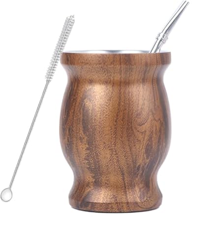 Tazza Mate ACTIUSIS, set di tazze da tè Mate, con cannuccia Mate e spazzola per la pulizia, design a doppia parete isolata, per tè Mate (effetto venatura del legno)