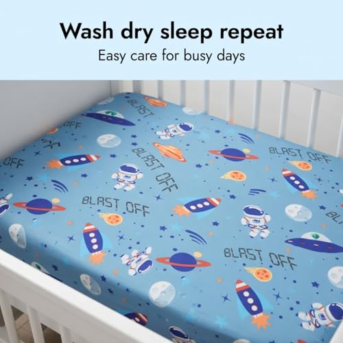 Image of Baby Boy Fitted Crib Sheet Outerspace Adventures, 100% Soft Breathable Microfiber Baby Sheet, Fits Standard Size Crib Mattress 28in x 52in, Nursery Sheet
