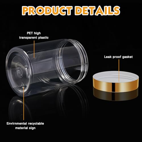 Image of Patelai 4 Pcs Plastic Jars Wide Mouth with Lids,10 Ounce,Gold | Travel Size for Creams Oils, Clear Round Storage Cosmetics Containers, Leak Proof Screw on Lids for Makeup Beauty DIY