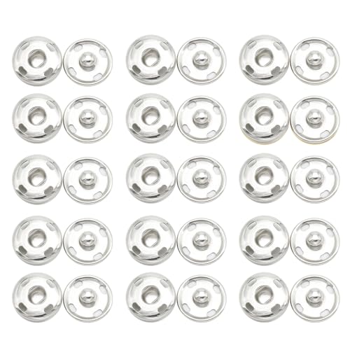 15 Sets Sew-on Snap Buttons, Metal Press Studs Snap Fasteners for Clothes, Purses, Handbags & DIY Craft Sewing Projects (15mm) - Snap Buttons & Studs for Clothing Included (Silvery)