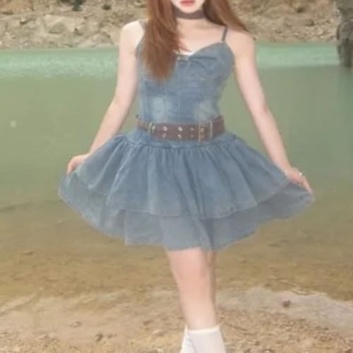 Women Denim Dresses Shoulder Ruffles Solid V-Neck Dress Casual High Fluffy Skirt4