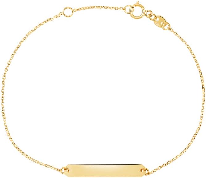 UNICORNJ 14K Yellow Gold Engravable Personalized Bar Pendant Necklace or Bracelet Polished Shiny on Cable Chain Italy