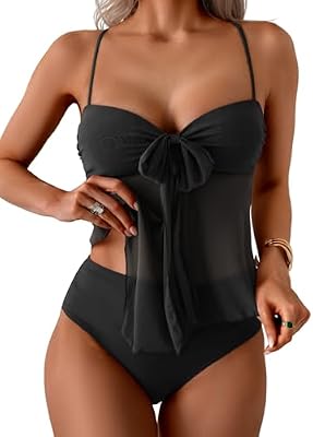 B2prity Women's Tankini Swimsuits - Tummy Control Flowy Mesh Top Bathing Suit