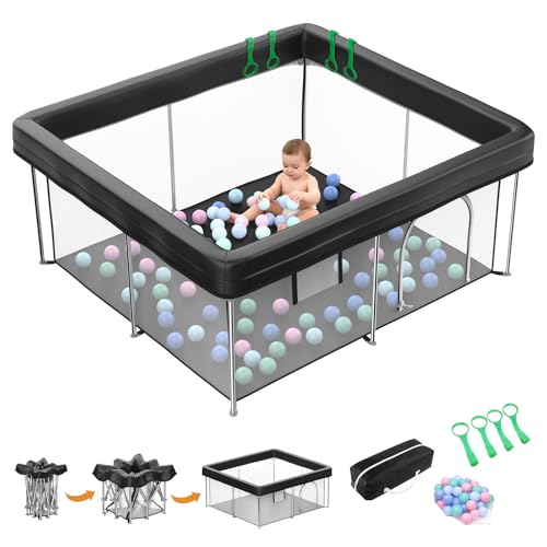 Foldable Baby Playpen, 50 x 50 inches, Indoor Outdoor Play Area with Mesh, 50 Ocean Balls, 4 Handlers, Black
