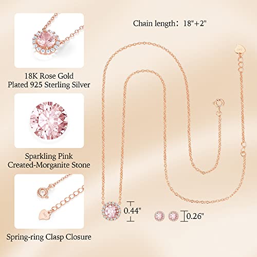 Gloffery 18K Rose Gold Jewelry Set With Created-Morganite, Round Solitaire Dainty Halo Pendant Necklace And Earrings Set For Women, Gifts For Women, Anniversary Birthday Mother's Necklaces Gift For Wife Mom Daughter Girlfriend (Necklace&Earrings) #TOP3