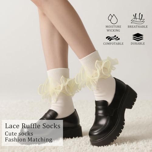 Image of Women Big Ruffle Ankle Socks Adult Double Lace Frilly Turn Cuff Dress Socks Cotton Cute Fancy Bobby Crew Socks