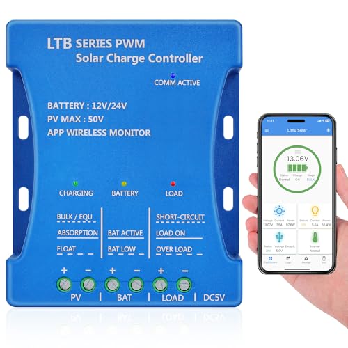 20A Bluetooth Solar Charge Controller 12V/24V Auto Matching Controller with APP Remote Monitor Intelligent PWM Solar Panel Regulator for Sealed, Gel, Flooded, LiFePO4, Lithium Batteries 7 Load Modes
