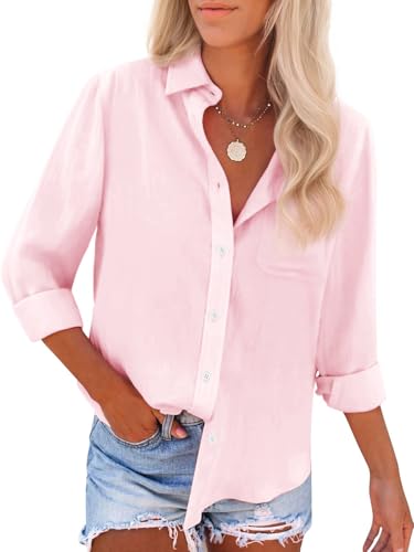 Womens Button Down Shirts Cotton Dress Shirts Oxford Shirts Long Sleeve Work Blouses Collared Tops Tunics with Pocket-Light Pink L