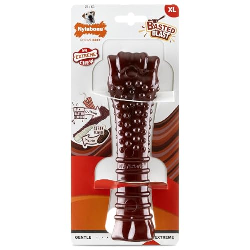 Nylabone Basted Blast Extreme Chewers Tough Nylon Dog Chew Toy Bone Durable Boredom Breaker Cleans Teeth Bacon and Steak Flavour Extra Large For Dogs 0-23+kg