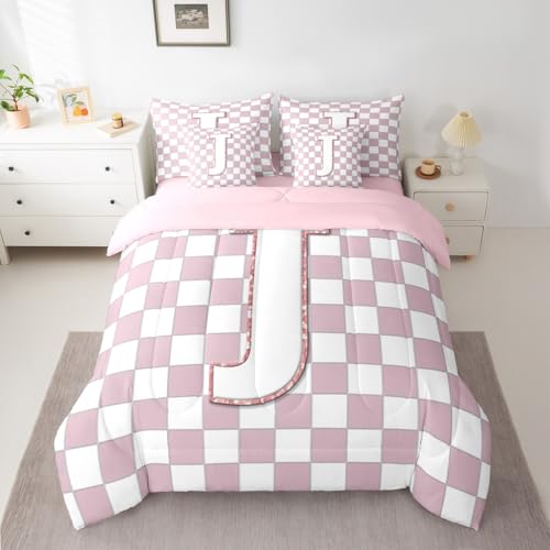 Image of Erosebridal Pink Initial J Full Bed in A Bag 7 Piece Kawaii Plaid Checkered Comforter Set with Sheets Cute Personalized Monogram Bedding Sets for Kids Girls Teen Women,Fashion Grids Gingham Bed Set