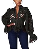 Doweha Women’s Sexy Ruffle Long Sleeve Summer Lace Tops 2024 Puff Flare Shirt V Neck Hollow Out Button Down Tunic Blouses Black XXL