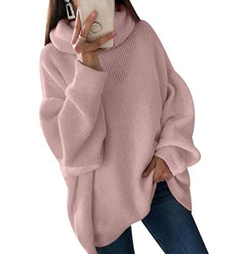 Jersey Cuello Alto Mujer Invierno Suéter Pullover Punto Oversize Fino Ochos Ancho Señora Modernos Talla Grande Rosa XL