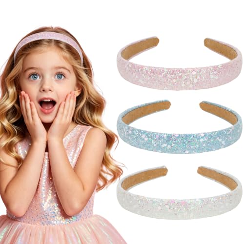 GAFATORY 3Pcs Glitter Headbands for Girls Sparkly Rainbow Headband Non-slip Comfortable Headband Little Girls Hair Accessories Pink Blue White Sequin Head Bands for Toddler Kids Women
