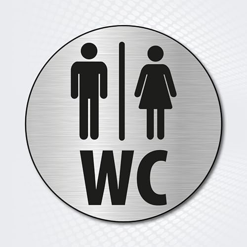 Hinweisschild rund WC TOILETTE Durchmesser 10 cm | Hinweisschild aus gebürstetem Alu-Dibond WC Pissoir Toilette Mann Frau Divers