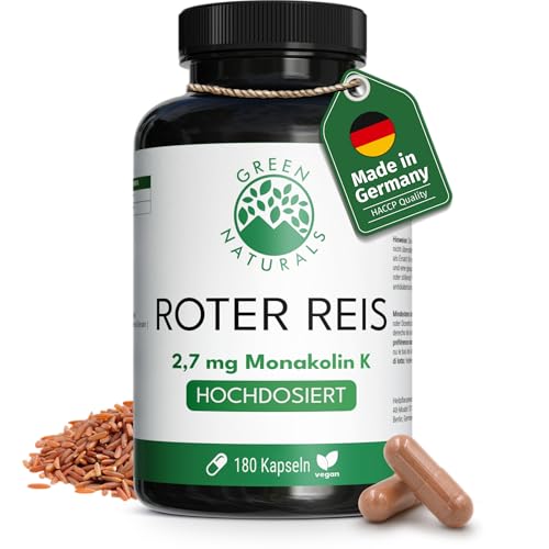 Green Naturals® Roter Reis Kapseln - Hochdosiert: 2,7 mg Monakolin K pro Kapsel - Fermentierter Roter Reis - Vorrat für 6 Monate (180 vegane Kapseln)