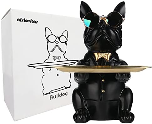 alslovkar Resin Bulldog Desk Storage Statue Animal Sculpture Table Decoration Multifunction Office Home Decor Coin Piggy Bank Storage Tray (Black)