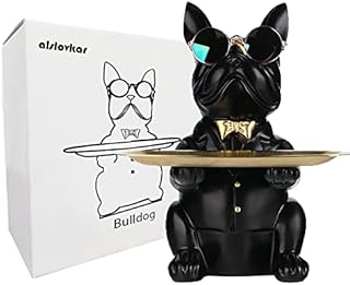 alslovkar Resin Bulldog Desk Storage Statue Animal Sculpture Table Decoration Multifunction Office Home Decor Coin Piggy Bank Storage Tray (Black)