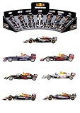 Burago Set 7 Coches F1 Red Bull Racing 1:43, Expositor, Réplicas metálicas, Detalles realistas, Ruedas funcionales, Licencia Oficial, Juguete colección, Niños y Fans F1 (78507)