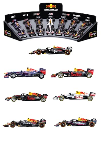 Bburago - Set mit 7 F1-Fahrzeugen von Oracle Red Bull – Maßstab 1:43 – mit Display – Formel 1 Kollektion aus Metall – Geschenk ab 3 Jahren – Geschenkpaket Formel 1 Collector Red Bull