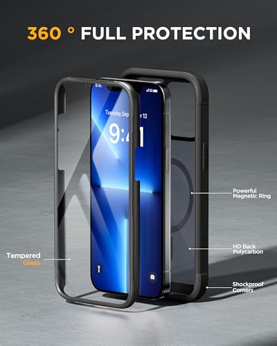Image of Miracase Magnetic for iPhone 13 Pro Max Case 6.7 inch, (Compatible with MagSafe) Upgrade Full-Body Clear Phone Bumper Case with Built-in 9H Tempered Glass Screen Protector, Magnetic Matte Black