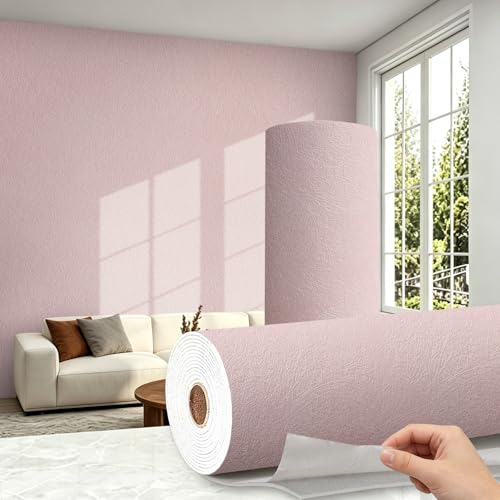 Trafagala Thick Self Adhesive Thermal Wallpaper Damp Proof Foil Backed Wallpaper Mould Resistant Waterproof Insulated Wall Covering Roll 3D Pink Textured Peel and Stick to Cover Bad Walls