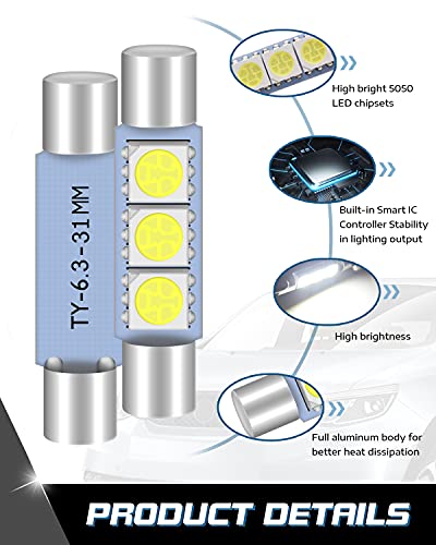 Alopee 20-Pack 6614 6614F LED Bulb 30mm(1.18″) 31mm(1.22″) 50 Lums White 3SMD 5050 Chips, 6612F LED Bulbs for Cars Interior Sun Visor Vanity Mirror Lights, License Plate Light