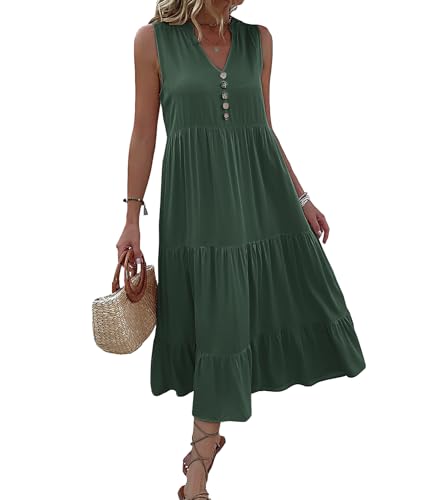 HYUET Vestido Largo de Verano para Mujer, Sin Mangas con Escote en V, Roba Ligera y Elegante, Playa, Vacaciones y el Verano