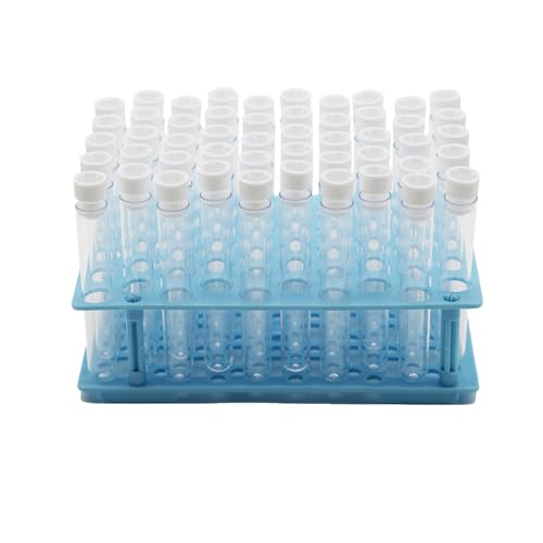 LSVERDE 50 Pcs Plastic Clear Test Tubes with Rack, 16 x 100mm Test Tube with Caps and 50 Holes Tubes Rack Set for Scientific Experiments Candy Beads Liquid Spice Seed Storage Party Decorations