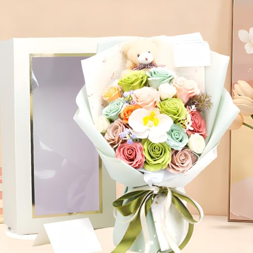 [Rjktmox]ソープフラワー 花束 造花 高級ブーケ 小熊付き バラ1本 蝶蘭と紫羅蘭 多色展開 記念日 セット 手提袋付き インテ装飾 ピンクのテディベアのバラの花束、ボックスと付き [5]