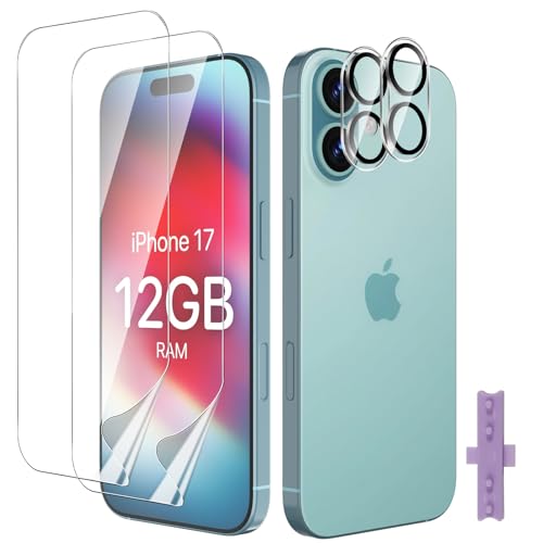Yenwen TPU Schutzfolie für iPhone 17, 2 Stück Displayschutz und 2 Stück Schutzglas Kameraschutz, Blasenfreie Weich Folie, HD Klar Displayfolie Fingerabdruck Entsperren