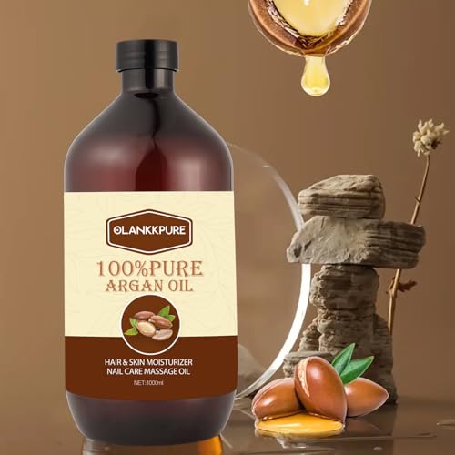OLANKKPURE 100% Reines Arganöl, Premium Ätherisches Öl für Haare, Haut, Nägel, Massage, Feuchtigkeitspflege, Mehrzweck Körperöl, 1000ml