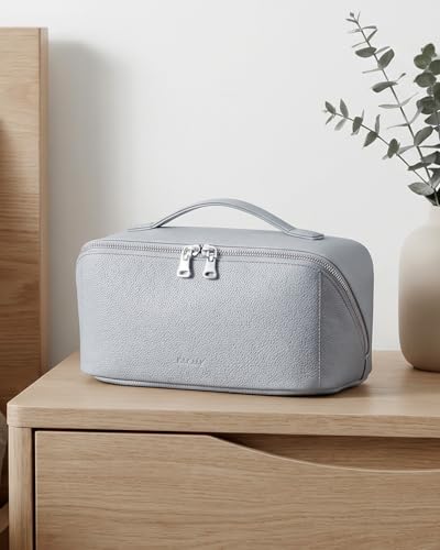 Image of EACHY Travel Makeup Bag, Lychee Large Capacity Cosmetic Bag for Women, Open Flat Toiletry Bag with TPU Brush Compartment, Waterproof Skincare Organizer Travel Essentials (AG-Cool Gray, Medium)
