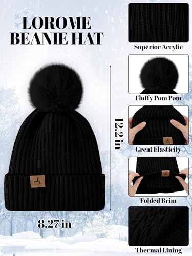 LOROME Women Winter Beanie Hat Scarf Gloves Set, Fleece Knitted Pompom Hat Warm Neck Scarf Touchscreen Gloves Winter Gift2