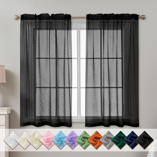 Image of Black Sheer Curtains 54 Inch Length, Privacy Semi Sheer Curtains for Dining Room Kitchen, Light Filtering Rod Pocket Voile Window Drapes 2 Panels Set, Each 42 inch W x 54 inch L
