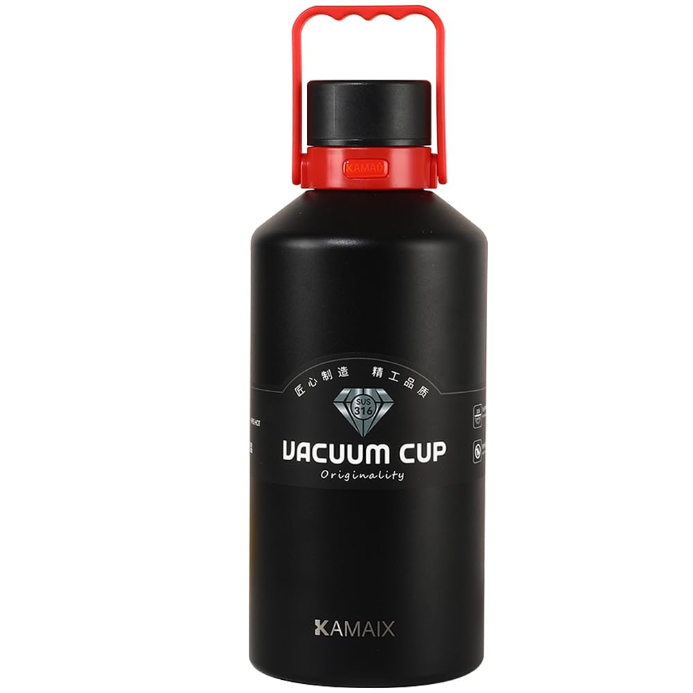 67 oz Insulated Stainless Steel Water Bottle with Handle, Double Wall Vacuum Thermos, Leakproof & Portable for Travel & Sports - One-Click Lid - Black