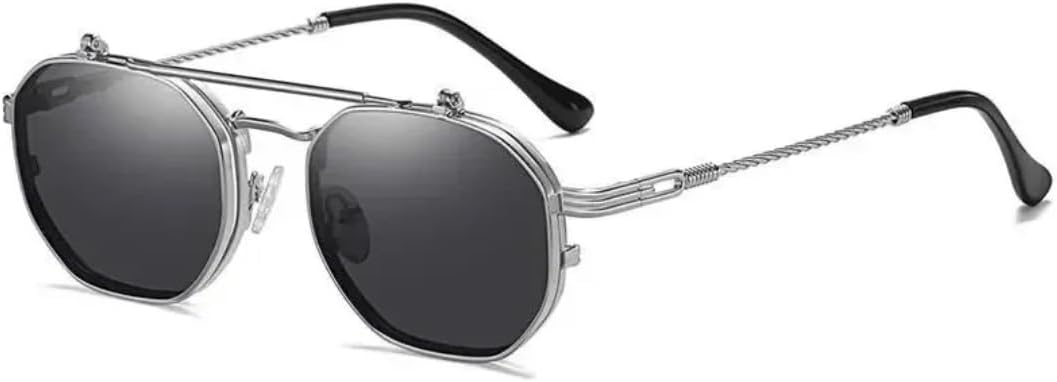 Sunglasses, Vintage Polygon Metal Steampunk Flip Glasses with
