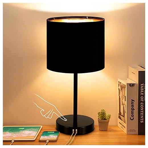 A.T.Lums Table Lamp - Touch Control Table Lamp, 3-Way Dimmable Black Lamp with 2 USB Ports, Black Round Fabric Nightstand Lamp Nightstand Lights for Living Room, Home, Office (LED Bulb Included)