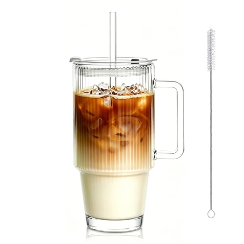 KEMORELA Gobelets en verre côtelé de 710 ml avec couvercles et pailles, tasse en verre côtelé avec poignée, verre à café glacé, transparent...