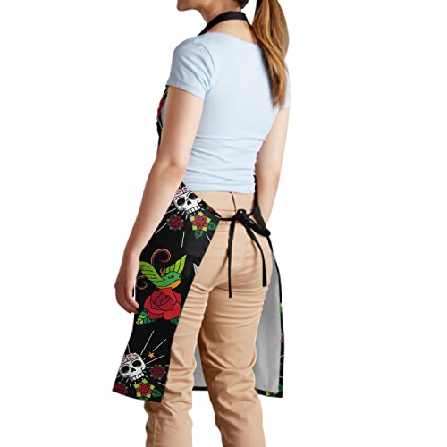 Valentine's Day Old School Tattoo Kitchen Chef Apron-Skull Rose Love Bbq Aprons, Grill Master, Adjustable Cooking Gardening Aprons With Pocket Waterproof #TOP2